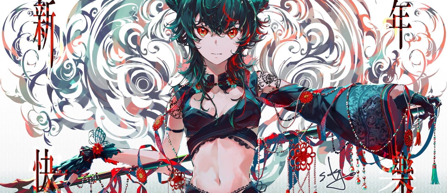 animal_ears, black_hair, chinese_clothes, gloves, navel, original, red_eyes, ribbons, sakinoji, signed, tattoo, weapon, wristwear