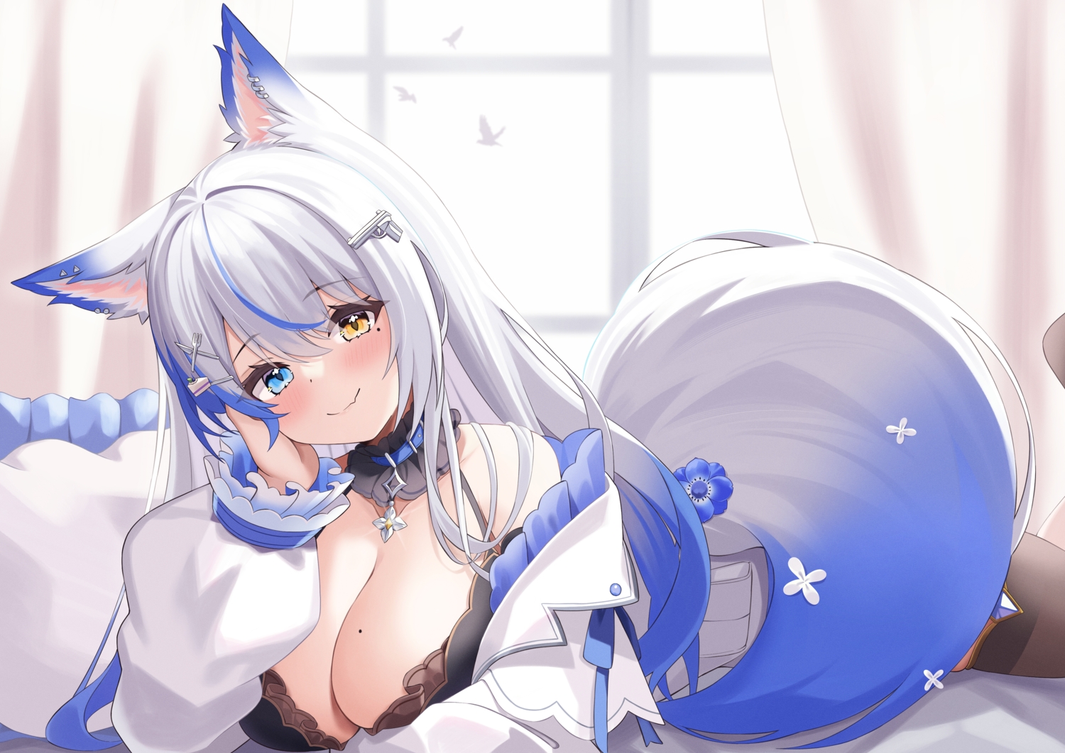animal_ears, bed, blue_eyes, blush, breasts, cleavage, collar, elegant_(sumisumi4268), fang, foxgirl, gray_hair, long_hair, lulebel, tail, thighhighs, yellow_eyes