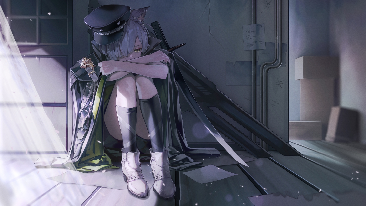 animal_ears, arknights, braids, cape, catgirl, delphine_(arknights), gray_hair, green_eyes