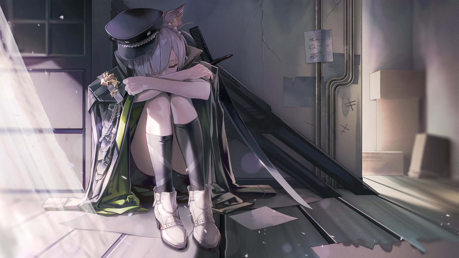 animal_ears, arknights, braids, cape, catgirl, delphine_(arknights), gray_hair, kneehighs