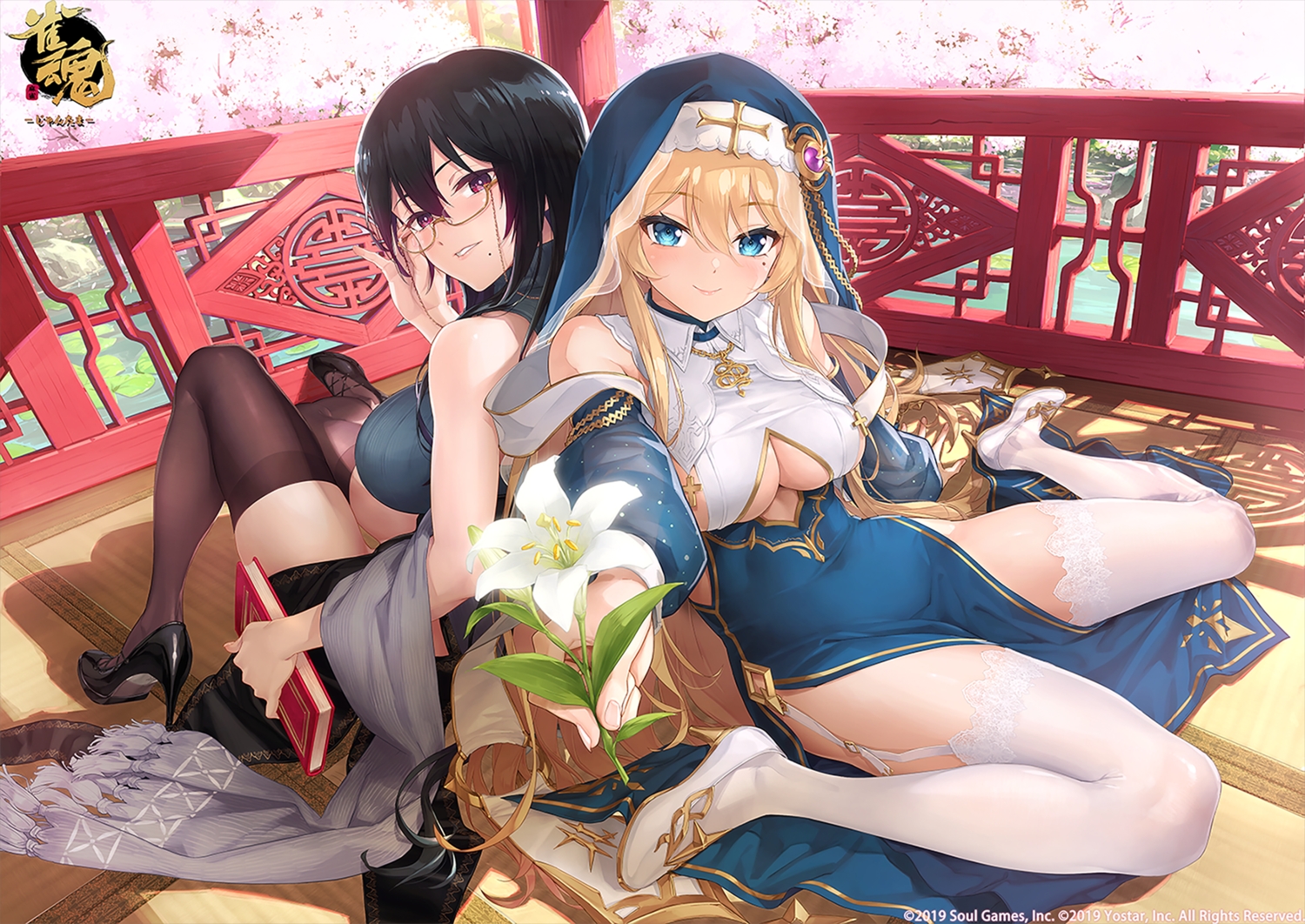 2girls, black_hair, blonde_hair, book, breasts, dress, flowers, glasses