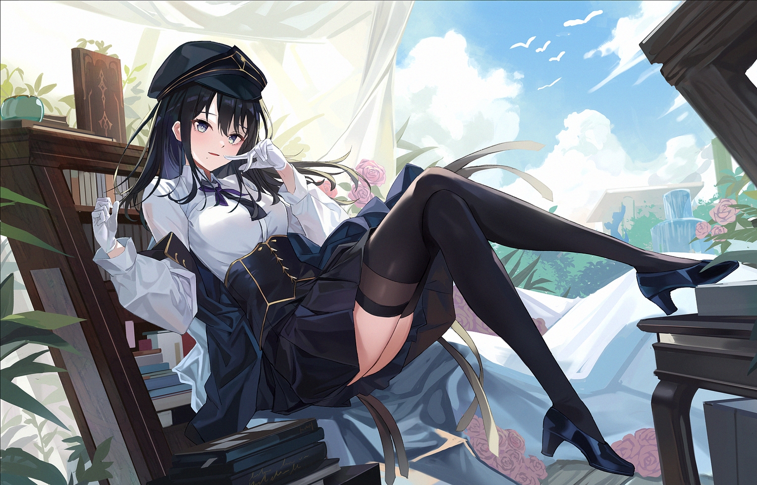 black_eyes, black_hair, book, clouds, corset, flowers, gefujin, gloves, idolmaster, idolmaster_shiny_colors, kazano_hiori, long_hair, rose, shirt, skirt, sky, thighhighs
