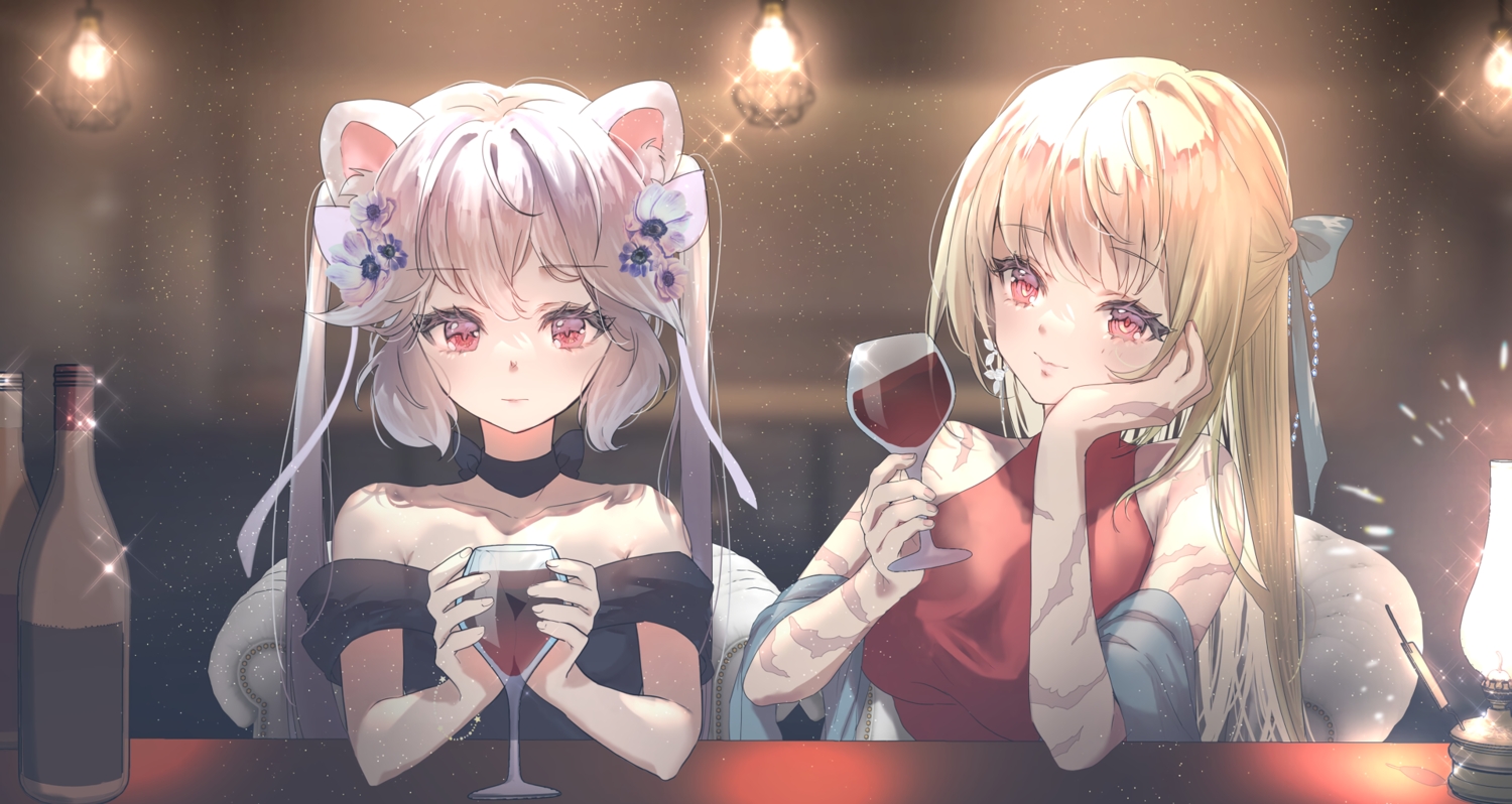 2girls, animal_ears, blonde_hair, close, dress, drink, gray_hair, long_hair