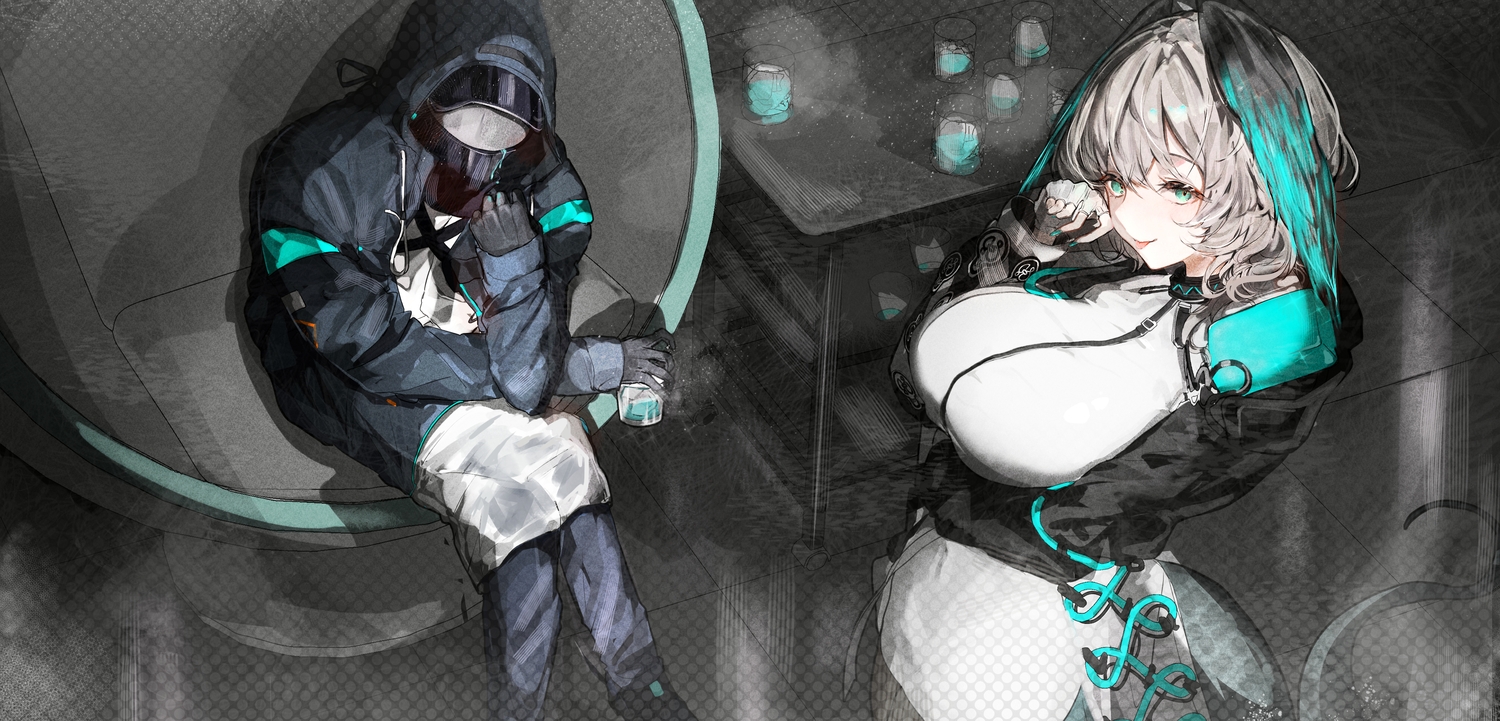 aqua_eyes, arknights, breast_hold, choker, doctor_(arknights), drink, gloves, gray_hair