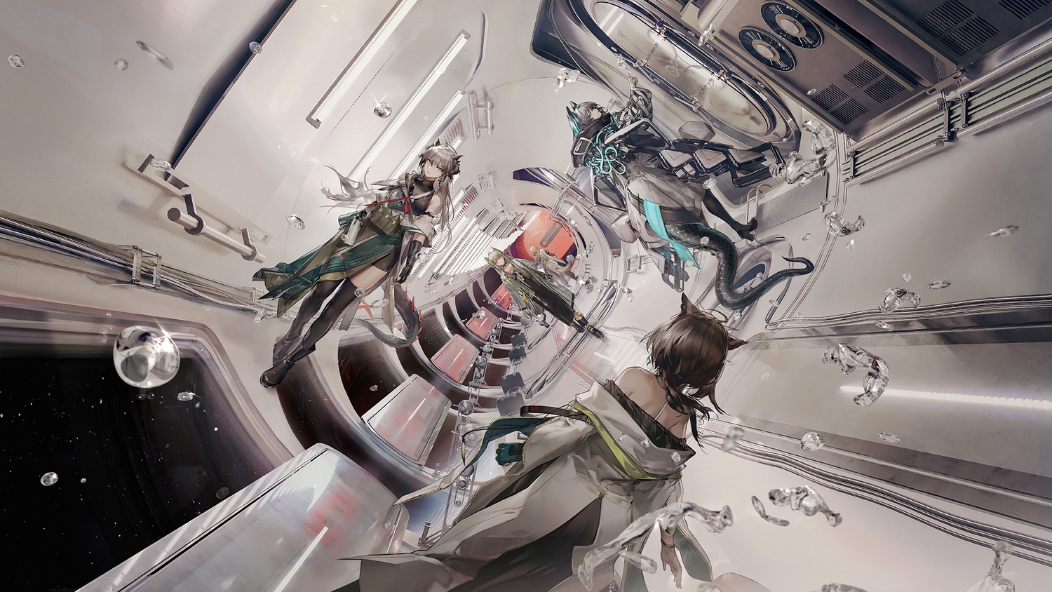 animal_ears, arknights, brown_hair, gray_hair, group, ho'olheyak_(arknights), kristen_(arknights), long_hair, muelsyse_(arknights), saria_(arknights), silence_(arknights), space, tagme_(artist), tail, thighhighs
