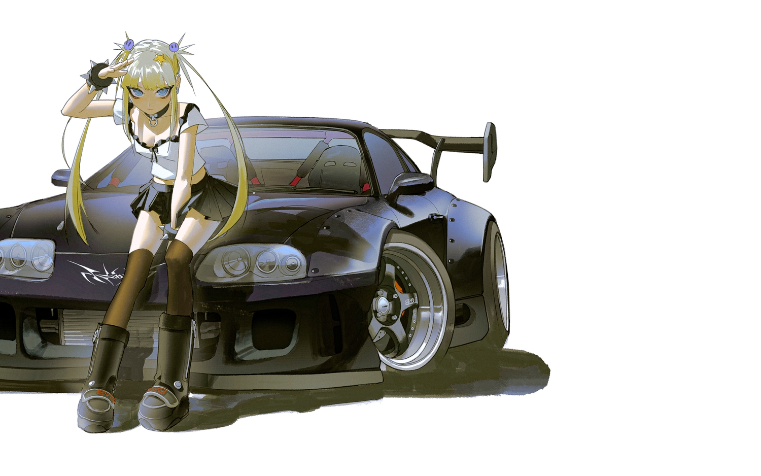 aqua_eyes, blonde_hair, boots, breasts, car, cleavage, collar, long_hair, original, skirt, thighhighs, third-party_edit, twintails, vinne, white, wristwear