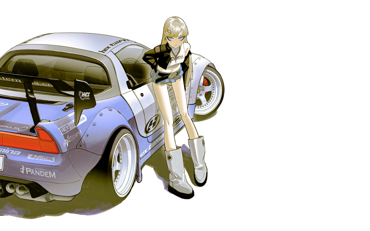 blonde_hair, blue_eyes, boots, car, long_hair, navel, necklace, original