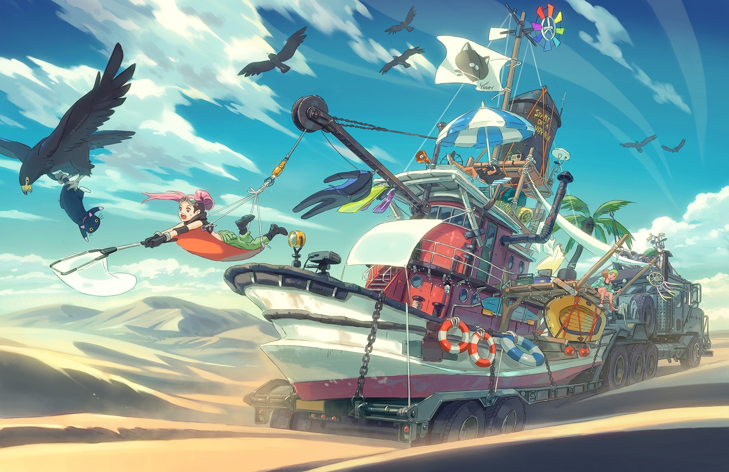 animal, bird, boat, boots, car, cat, clouds, desert, gloves, goggles, hood, motorcycle, original, pink_hair, poten, sky, swim_ring, umbrella