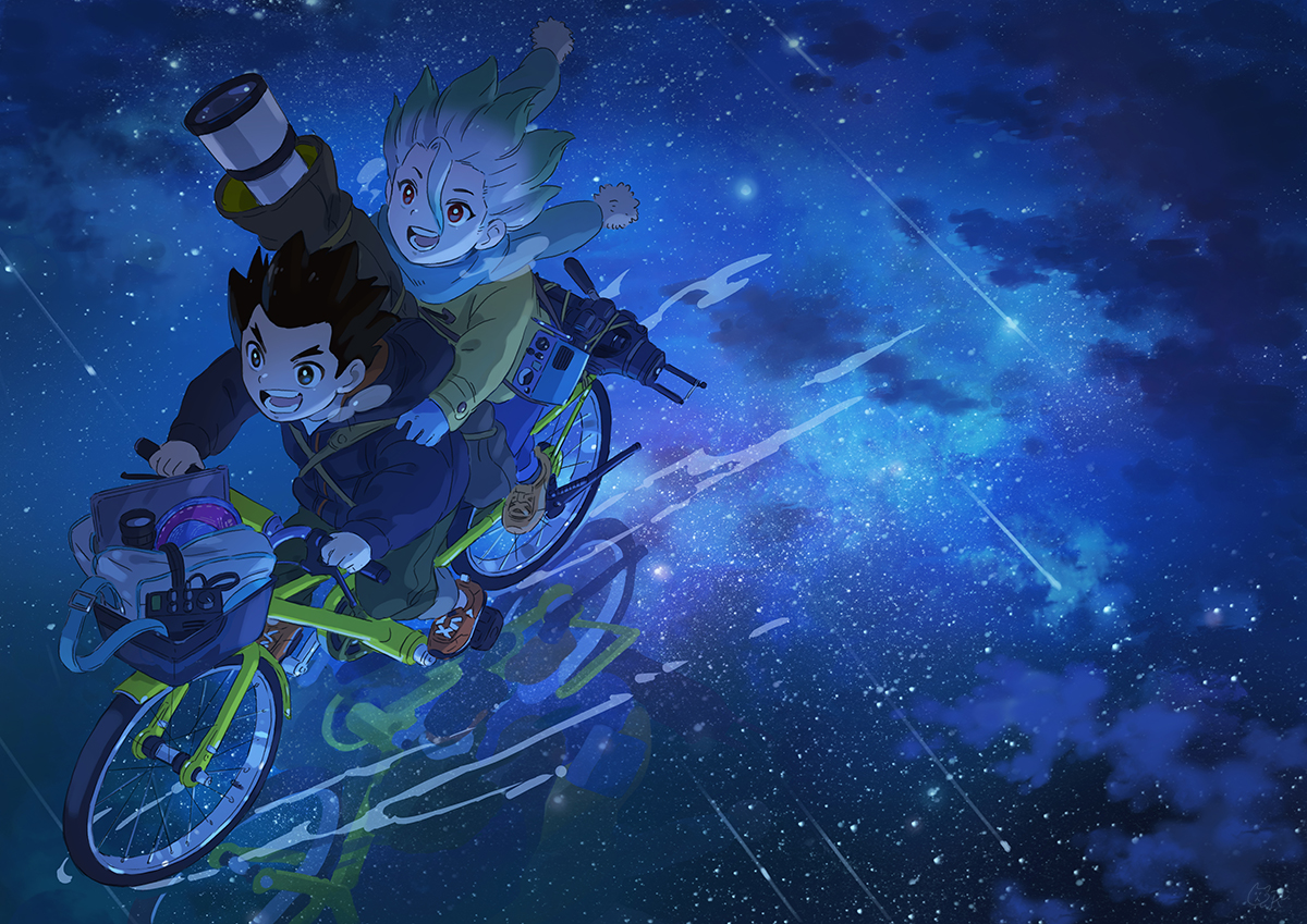 all_male, bicycle, black_eyes, black_hair, camera, clouds, dr._stone, gray_hair