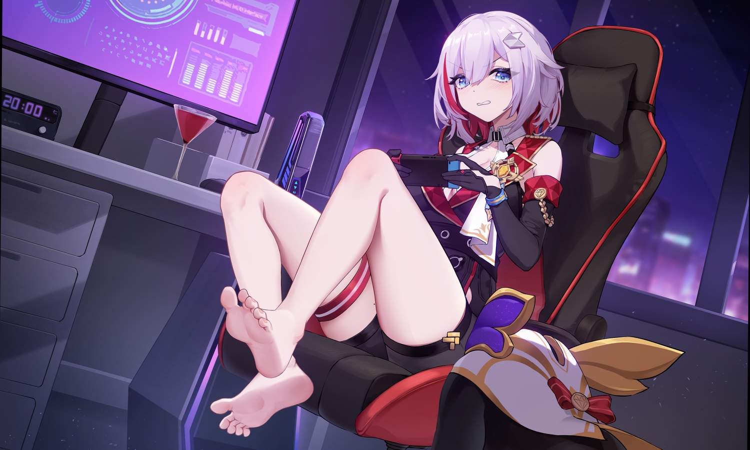 barefoot, blue_eyes, blush, building, city, computer, drink, elbow_gloves
