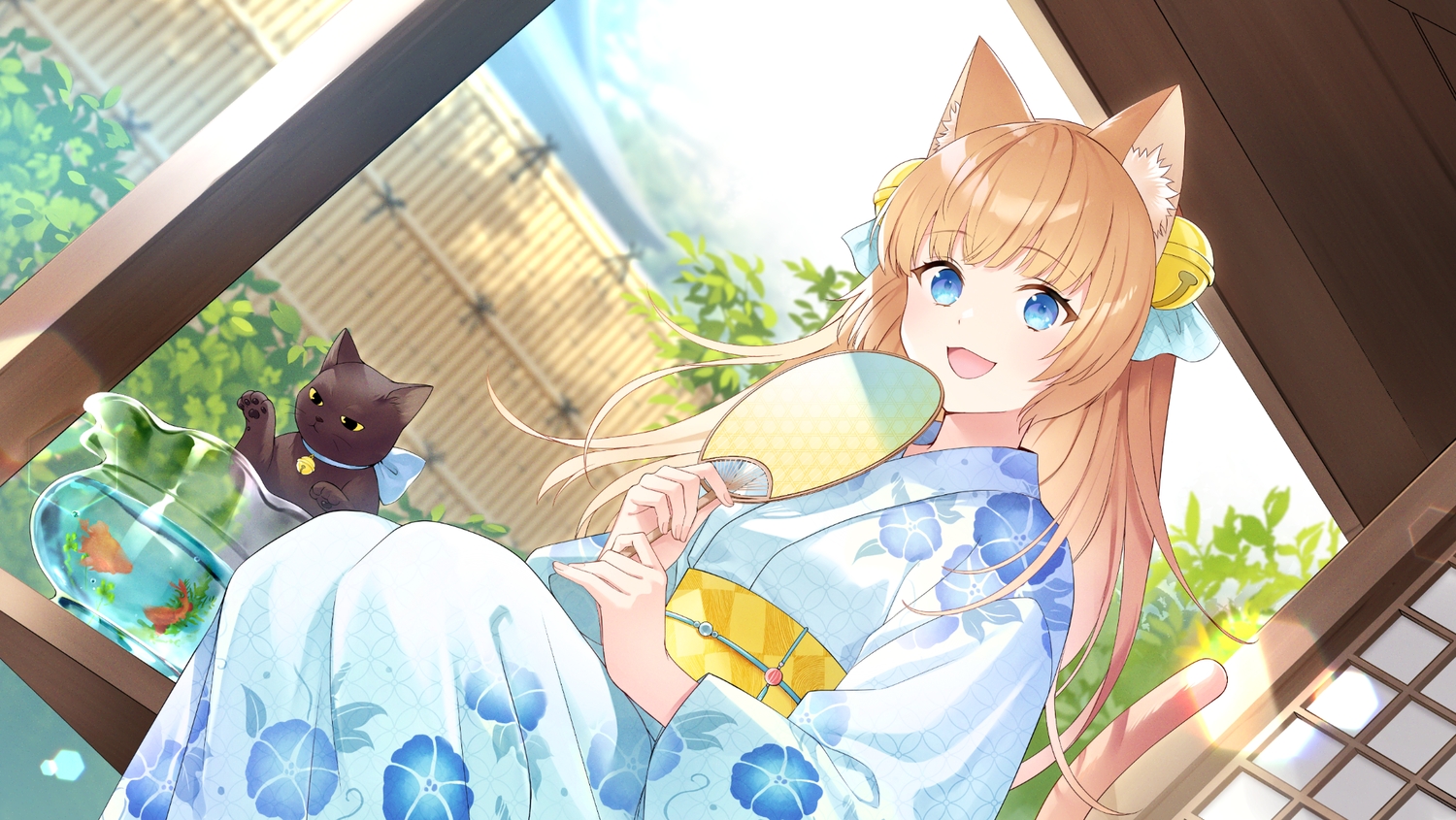 animal, animal_ears, bell, blonde_hair, blue_eyes, cat, catgirl, cat_smile, e_(eokiba), fan, fish, japanese_clothes, long_hair, ryoka_suzumoto, tail, yukata