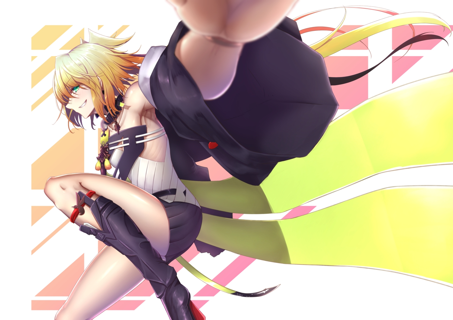 blonde_hair, blush, boots, choker, green_eyes, melissa_kinrenka, nijisanji, shiroshisu