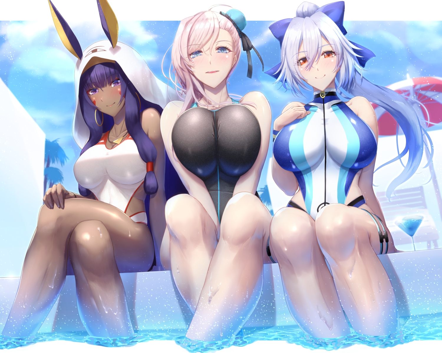 blue_eyes, blush, breast_hold, breasts, dark_skin, drink, fate/grand_order, fate_(series)