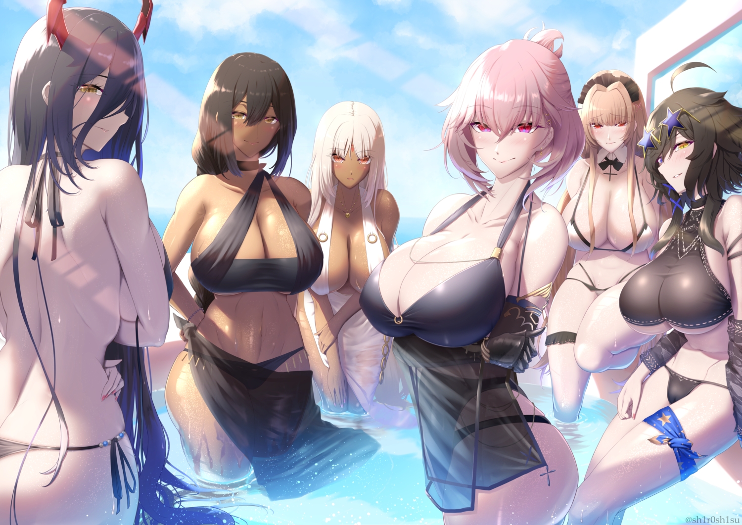 anthropomorphism, azur_lane, bicolored_eyes, bikini, black_hair, breasts, brown_eyes, brown_hair