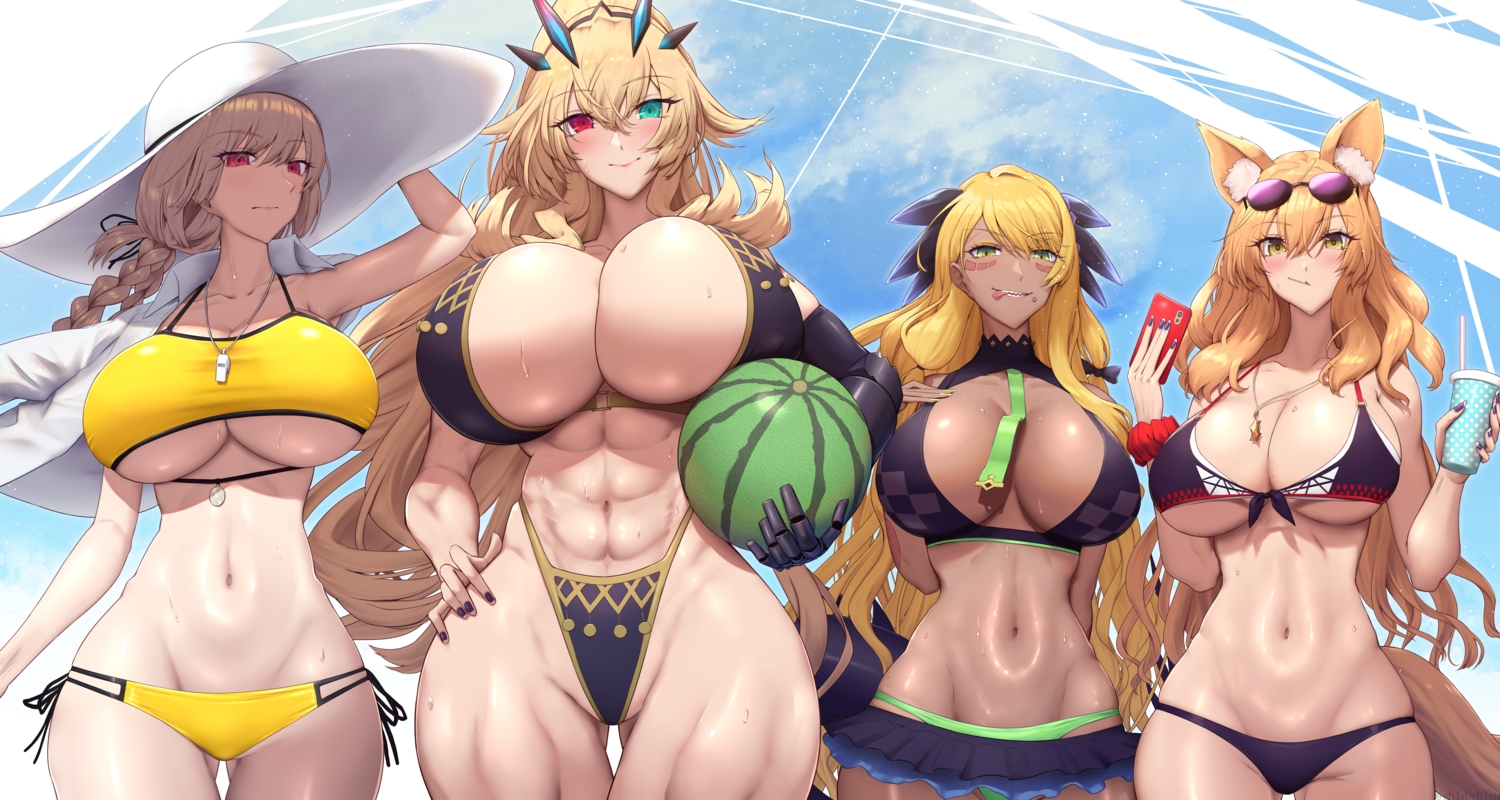 aqua_eyes, barghest_(fate), bicolored_eyes, bikini, blonde_hair, blush, braids, breasts, brown_hair, candy, cleavage, drink, fate/grand_order, fate_(series), florence_nightingale, foxgirl, green_eyes, group, lollipop, long_hair, navel, necklace, phone, red_eyes, shiroshisu, sunglasses, suzuka_gozen, swimsuit, tail, underboob, vritra_(fate), yellow_eyes