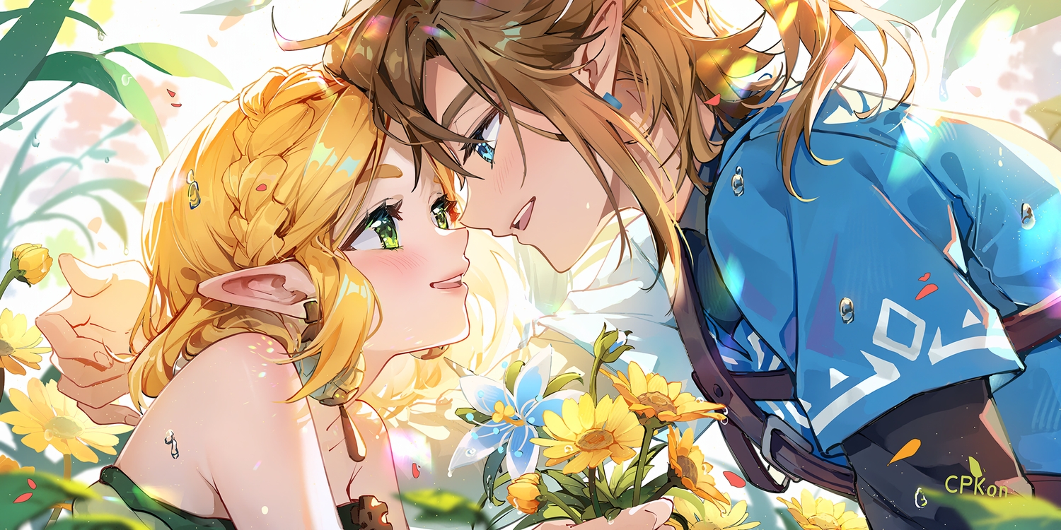 blonde_hair, blue_eyes, blush, braids, brown_hair, close, cpkon, flowers