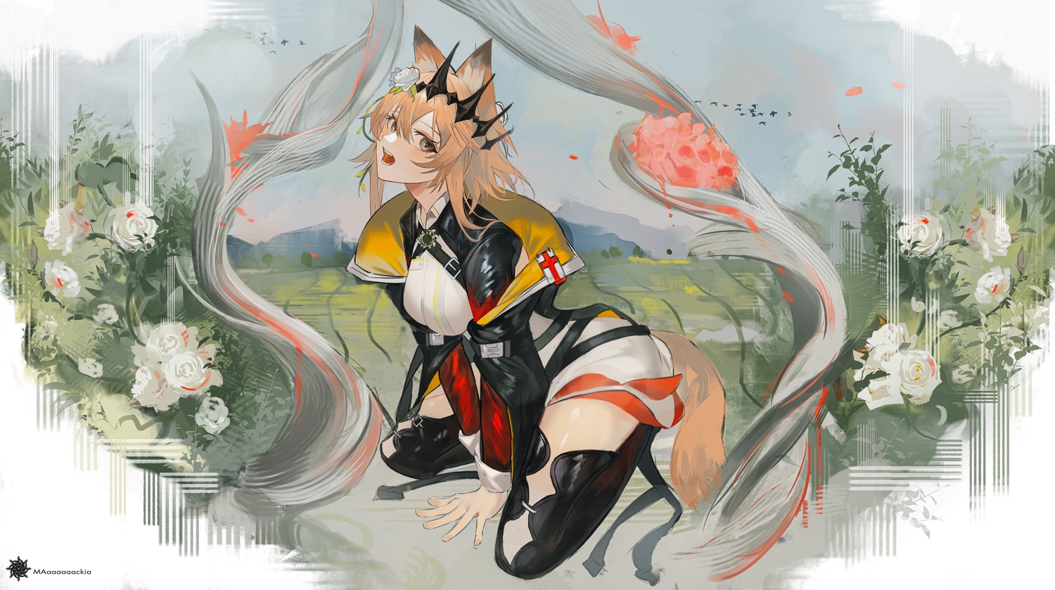 animal_ears, arknights, brown_hair, flowers, gray_eyes, mackia, rose, tail