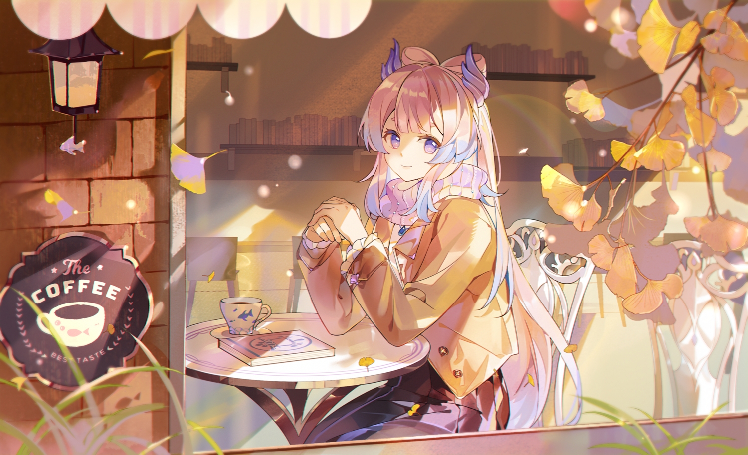 autumn, book, drink, genshin_impact, grass, leaves, long_hair, necklace, pink_hair, purple_eyes, sangonomiya_kokomi, sevallasd, skirt