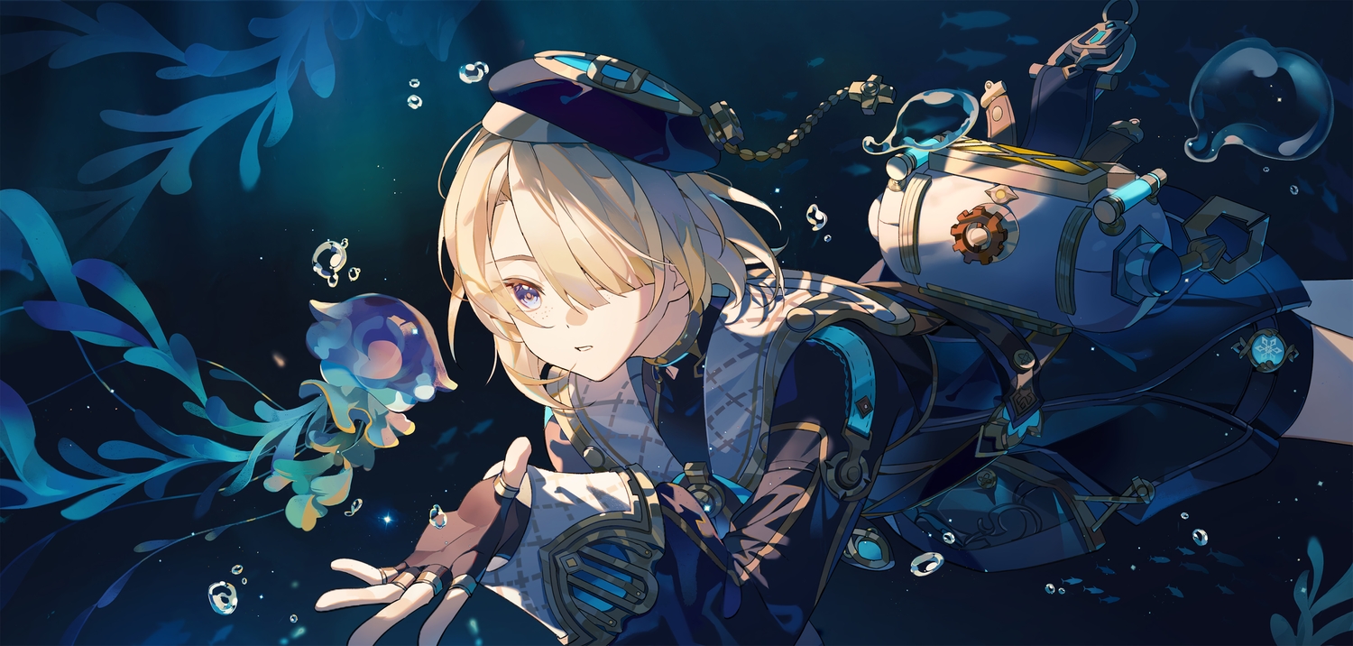 all_male, animal, blonde_hair, blue_eyes, bubbles, freminet_(genshin_impact), genshin_impact, gloves