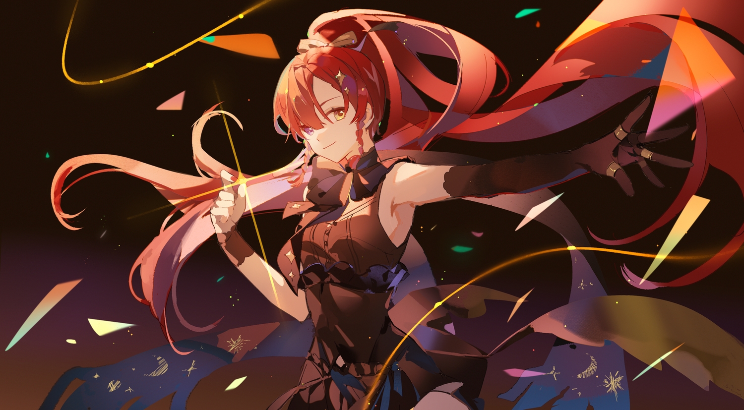 bicolored_eyes, braids, dress, elbow_gloves, gloves, long_hair, original, ponytail