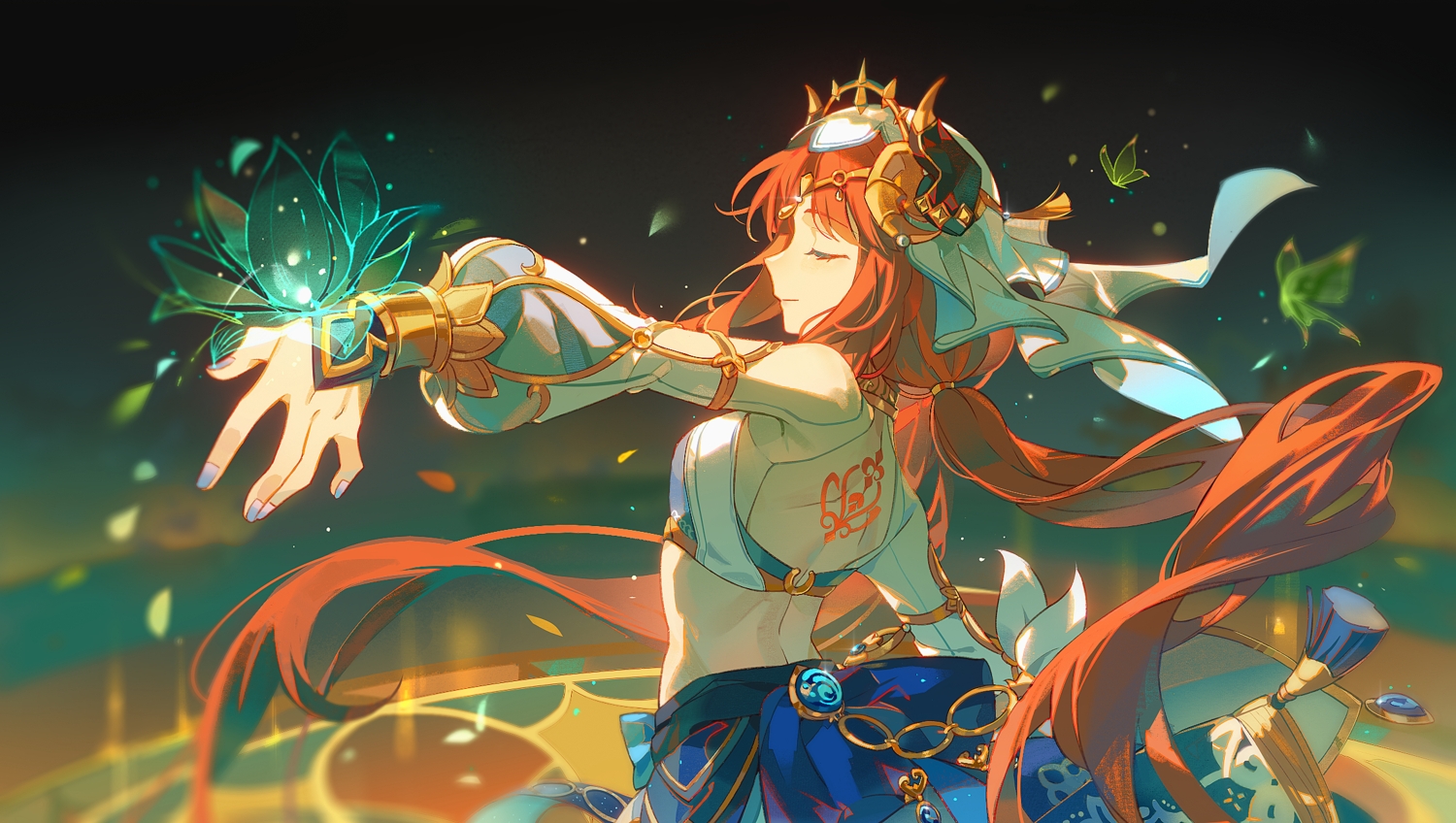 bow, butterfly, flowers, genshin_impact, headdress, horns, long_hair, magic, nilou_(genshin_impact), red_hair, sevallasd, skirt, tattoo, twintails, wristwear