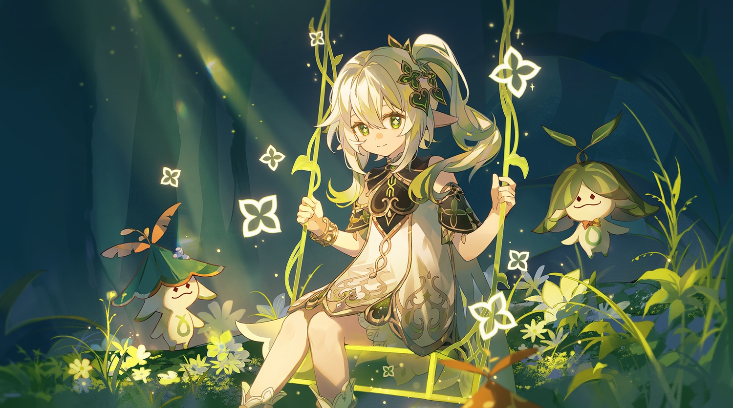 bloomers, dress, flowers, forest, genshin_impact, grass, green_eyes, loli