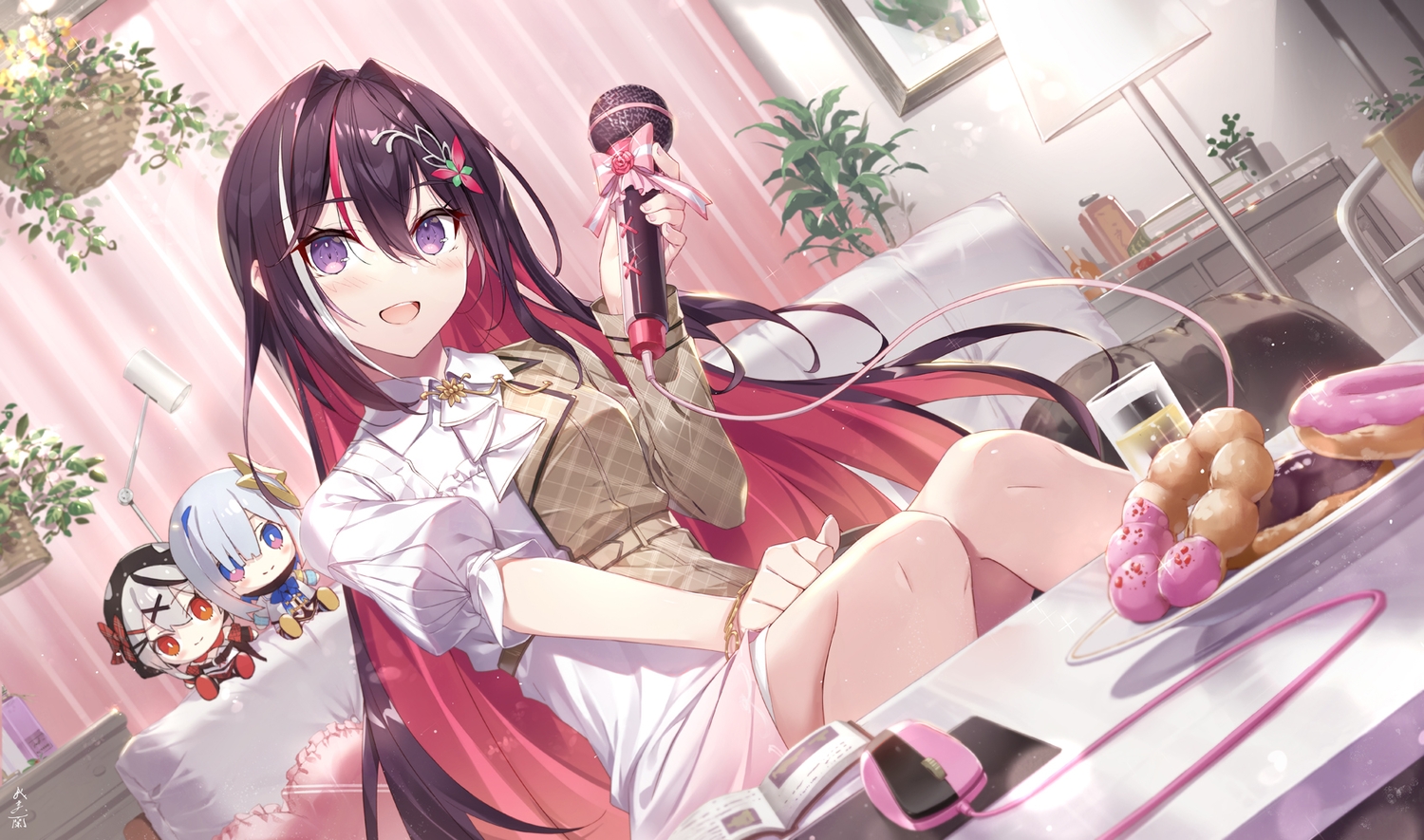 azki_(hololive), blush, book, bow, brown_hair, couch, doll, dress