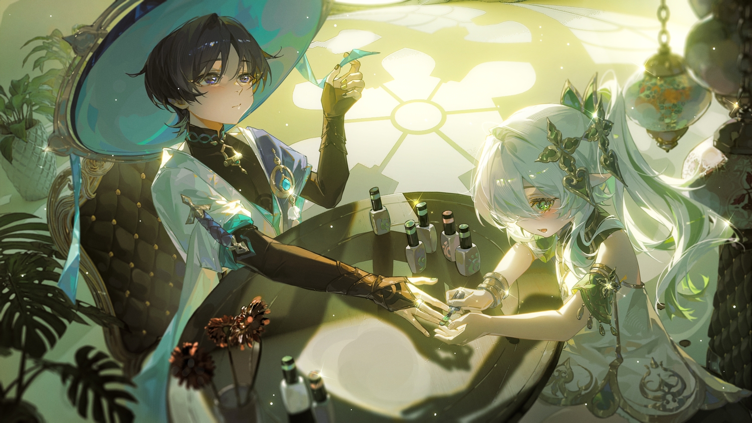 black_hair, dress, genshin_impact, gray_hair, green_eyes, hat, loli, long_hair