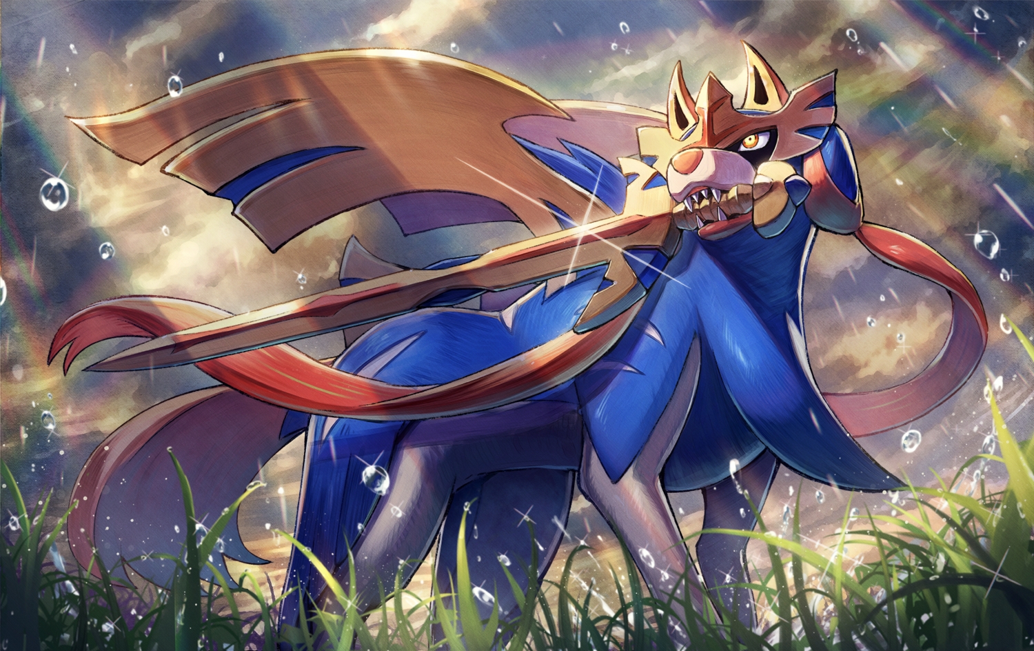 grass, kuroi_susumu, no_humans, pokemon, rain, sword, water, weapon, zacian