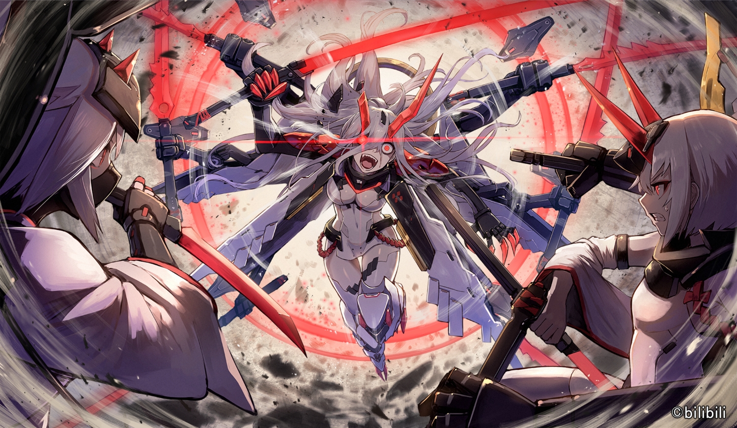 armor, artery_gear, breasts, chihaya_(artery_gear), chitose_(artery_gear), cleavage, fang, horns
