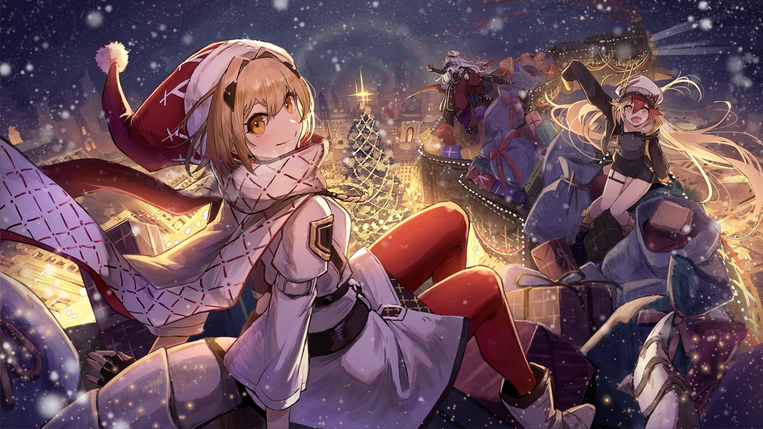 alchemy_stars, charon_(alchemy_stars), christmas, gronru_(alchemy_stars), hat, kuroi_susumu, santa_hat, scarf, snow, vice_(alchemy_stars)