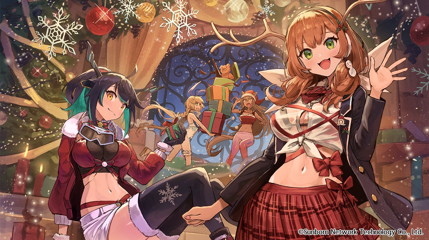 anthropomorphism, black_hair, bow, breasts, brown_hair, christmas, cleavage, cr-21_(girls_frontline), fn_fnc_(girls_frontline), girls_frontline, green_eyes, horns, howa_type_89_(girls_frontline), kuroi_susumu, navel, ribbons, saf_(girls_frontline), shorts, skirt, snow, teddy_bear, thighhighs, yellow_eyes