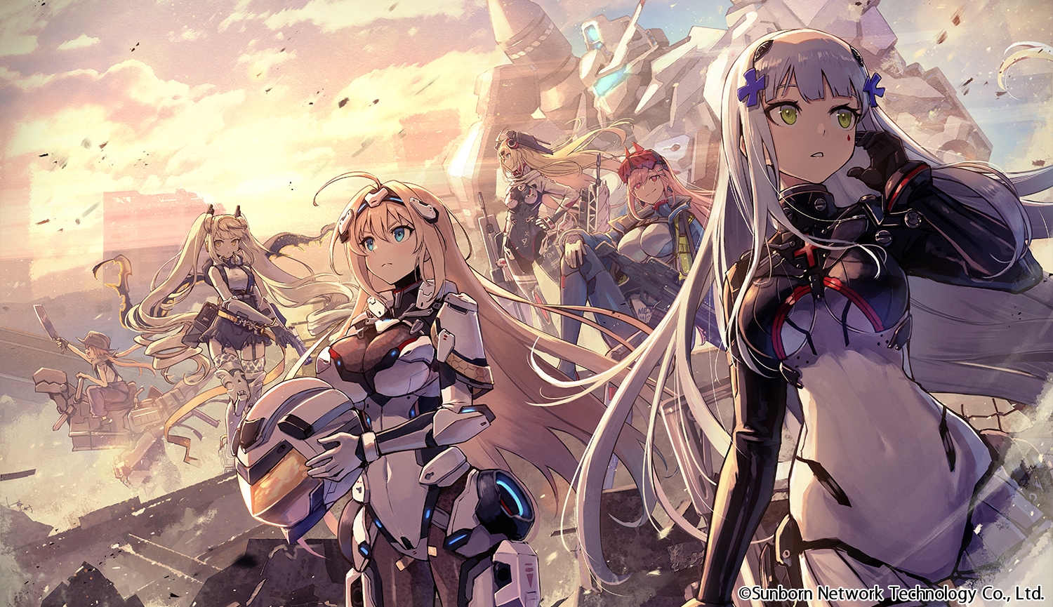 anthropomorphism, armor, blonde_hair, bodysuit, desert_eagle_(girls_frontline), f1_(girls_frontline), girls_frontline, gray_hair, gun, hanyang_type_88_(girls_frontline), hk416_(girls_frontline), kuroi_susumu, long_hair, mecha, mg36_(girls_frontline), sig_mcx_(girls_frontline), weapon