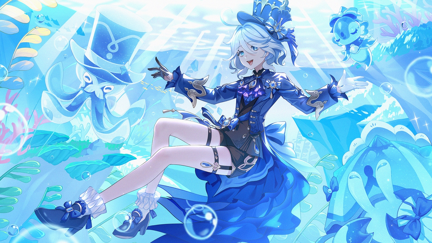 2r-_(pixiv8168114), animal, blue_eyes, bubbles, furina_(genshin_impact), garter, genshin_impact, gloves