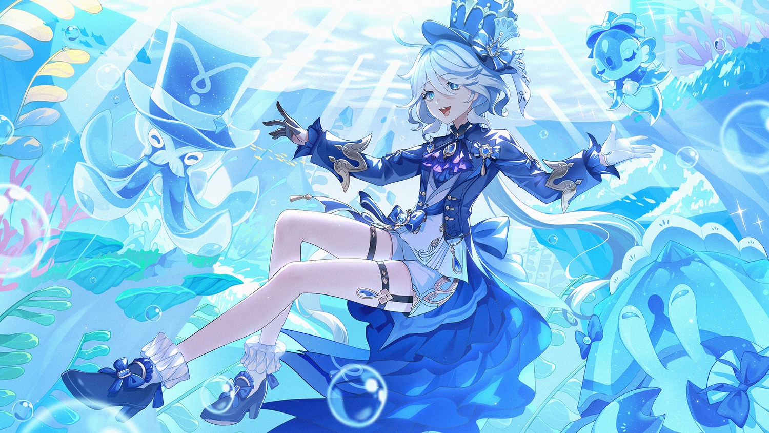 2r-_(pixiv8168114), animal, blue_eyes, bubbles, furina_(genshin_impact), garter, genshin_impact, gloves, gray_hair, hat, shorts, underwater, water