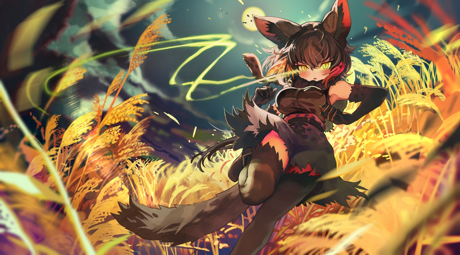 animal_ears, anthropomorphism, black_serval_(kemono_friends), brown_hair, catgirl, elbow_gloves, gloves, kemono_friends