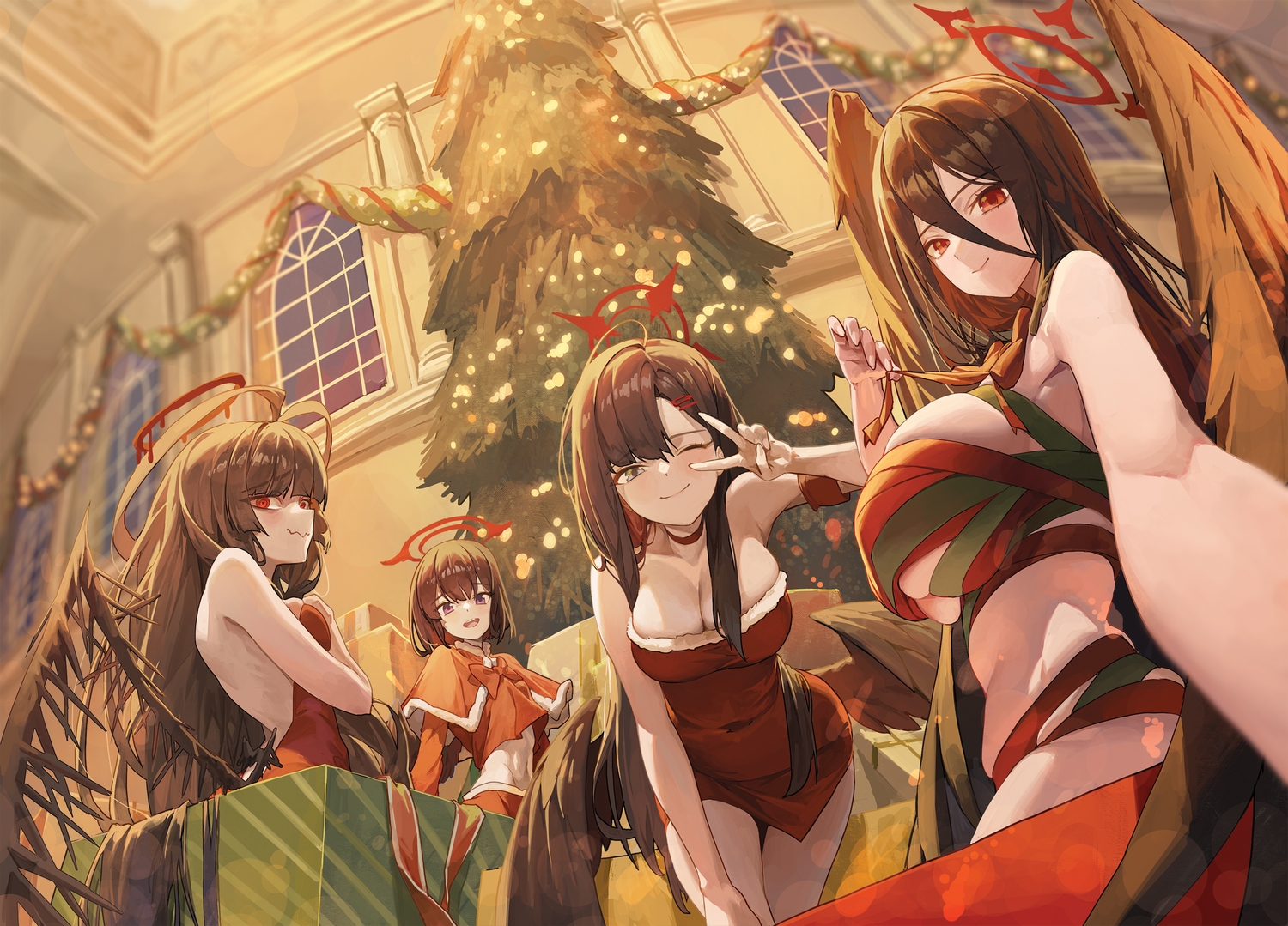 black_hair, blue_archive, bow, breast_hold, breasts, cape, choker, christmas