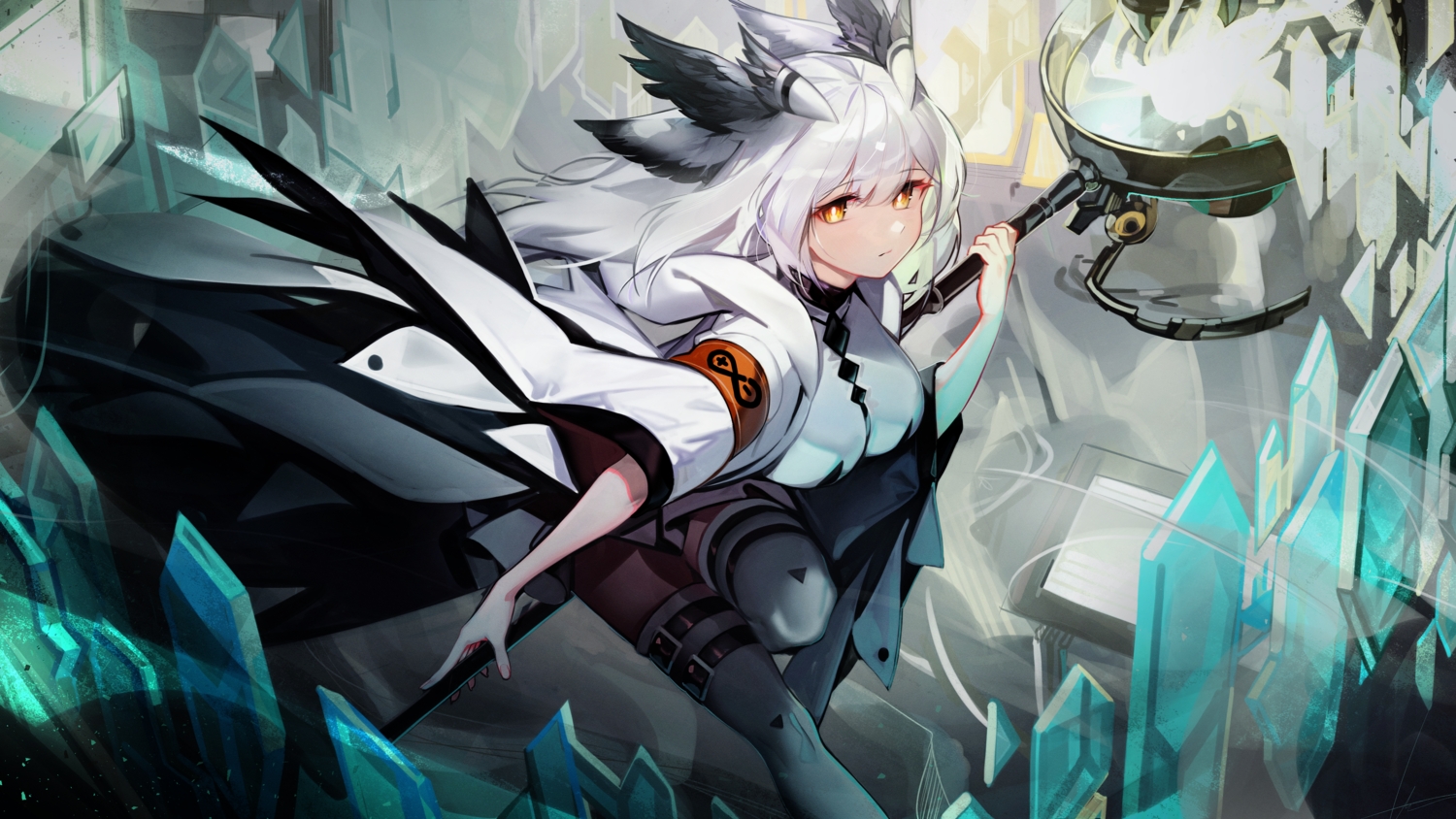 arknights, feathers, garter, hood, libiadan, long_hair, ptilopsis_(arknights), thighhighs