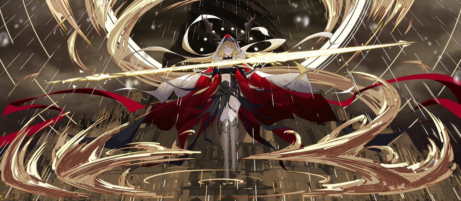 animal_ears, arknights, armor, bb._ex, blonde_hair, blue_eyes, breasts, elbow_gloves