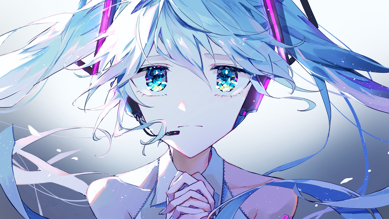 aliasing, aqua_eyes, aqua_hair, close, gradient, hatsune_miku, headphones, microphone, oda_kogane, tattoo, vocaloid
