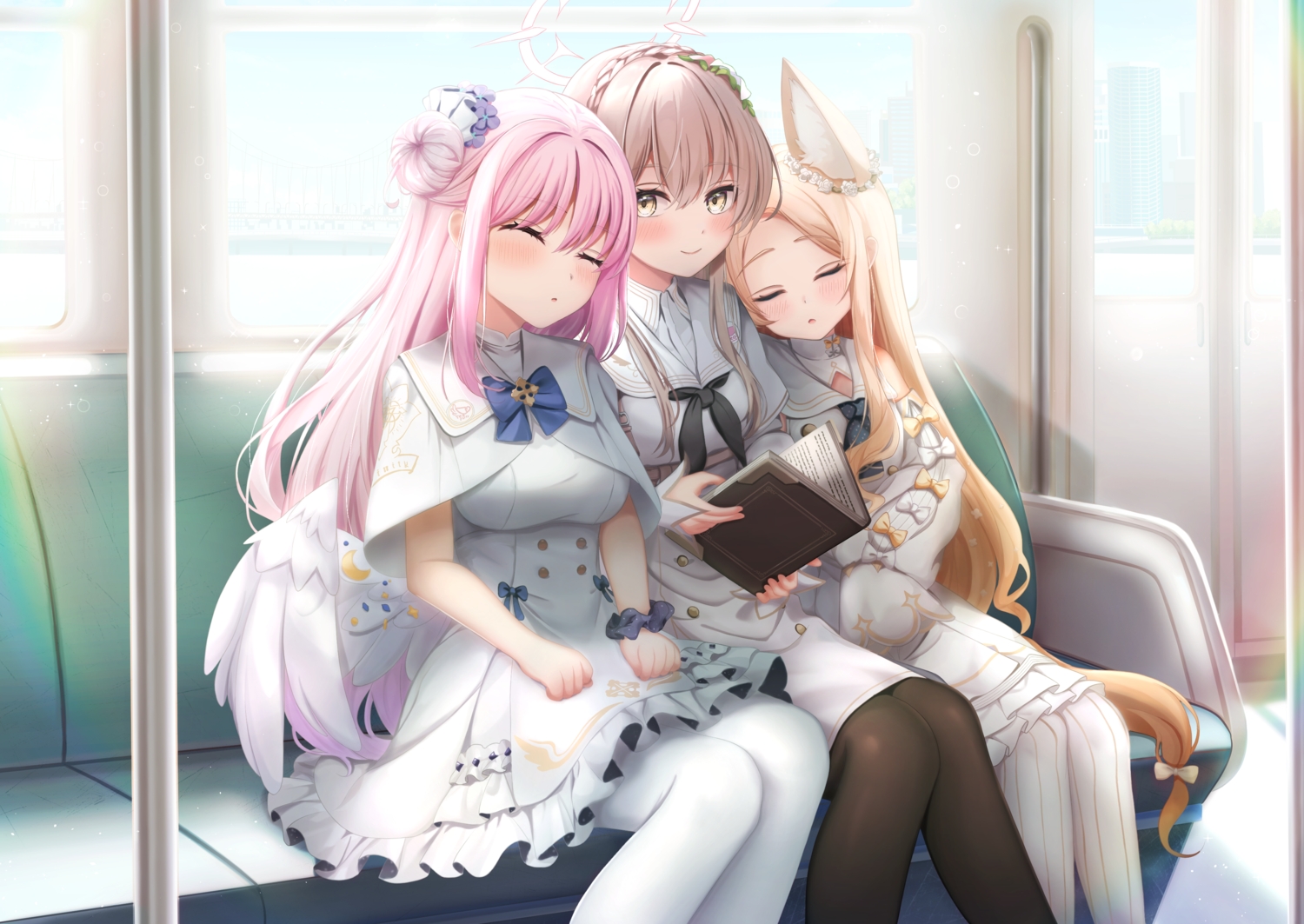 animal_ears, arashiomoto, blonde_hair, blue_archive, book, dress, foxgirl, gray_hair