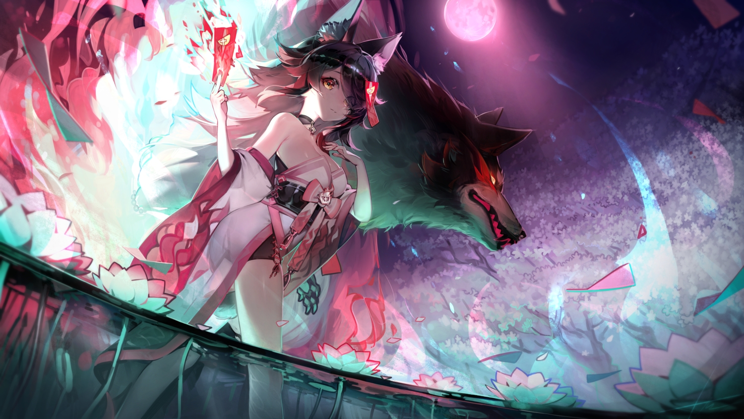 animal, animal_ears, bell, black_hair, breasts, cleavage, collar, flowers