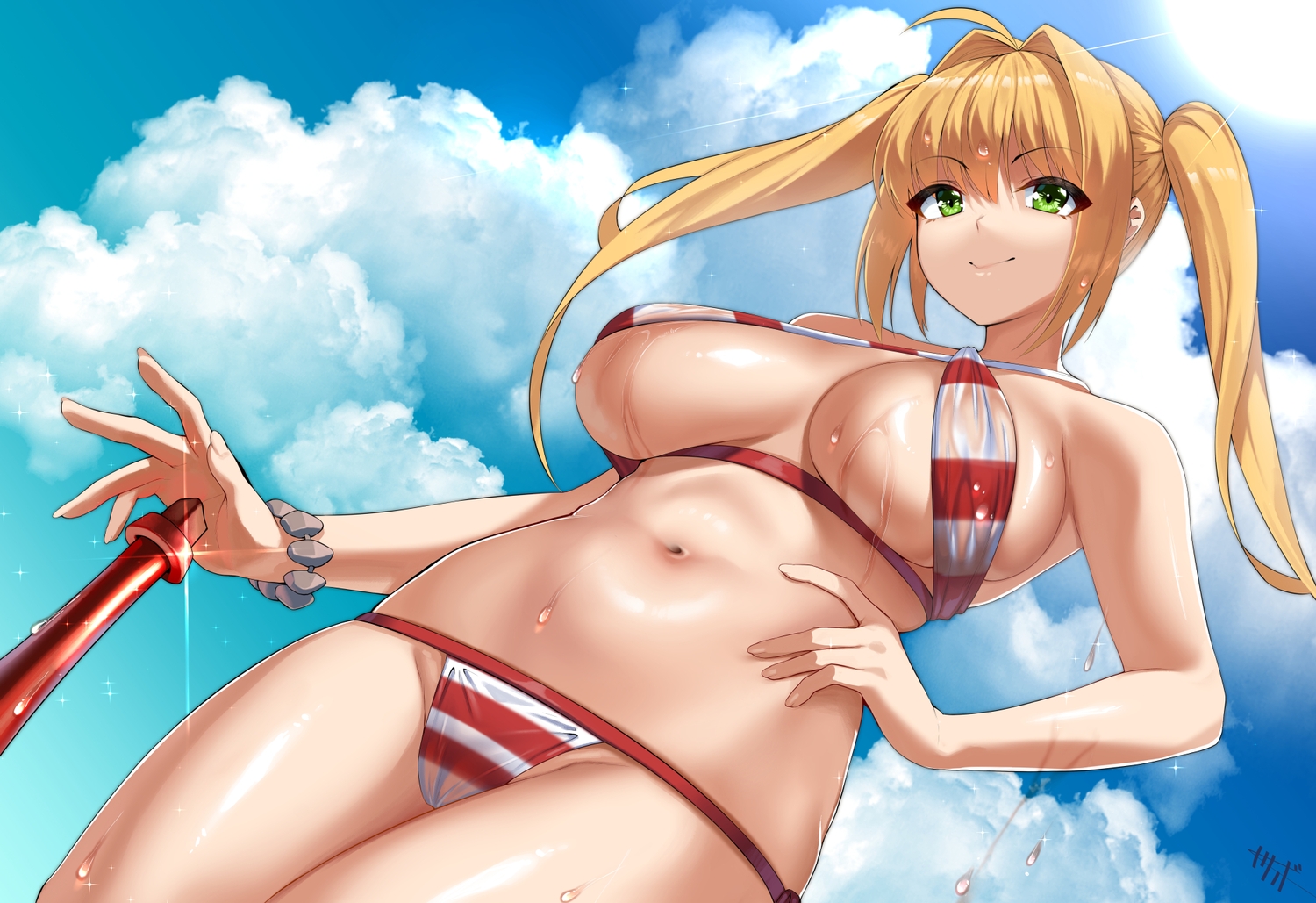 bikini, blonde_hair, breasts, cameltoe, clouds, fate/grand_order, fate_(series), green_eyes