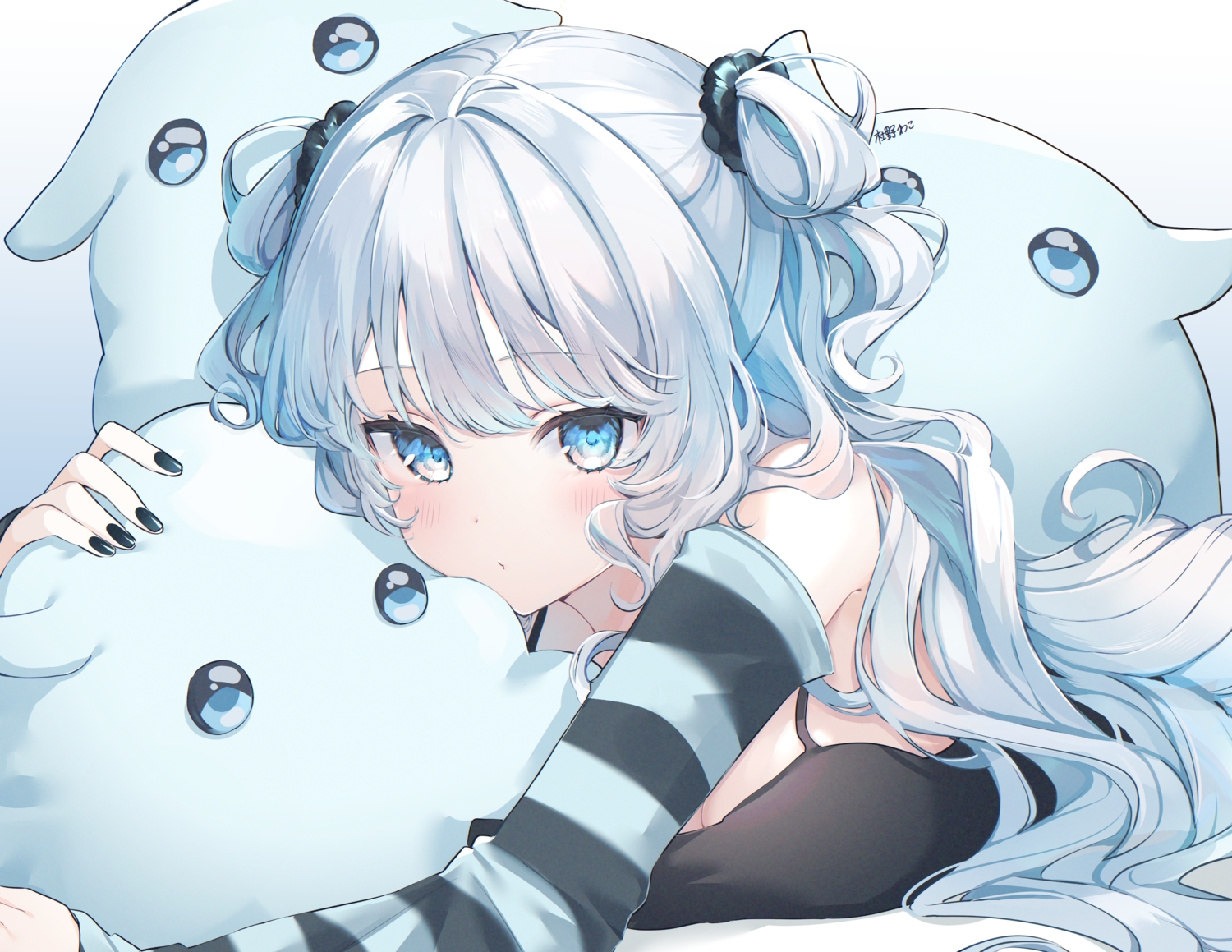 blue_eyes, blush, breasts, cleavage, close, gray_hair, long_hair, original, signed, wako_morino