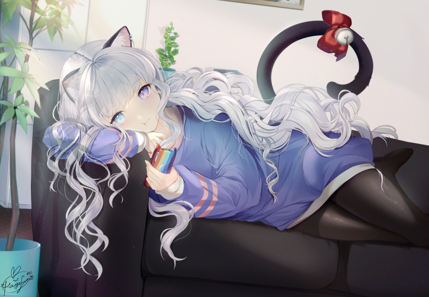 aliasing, animal_ears, bell, bicolored_eyes, bow, catgirl, couch, gray_hair