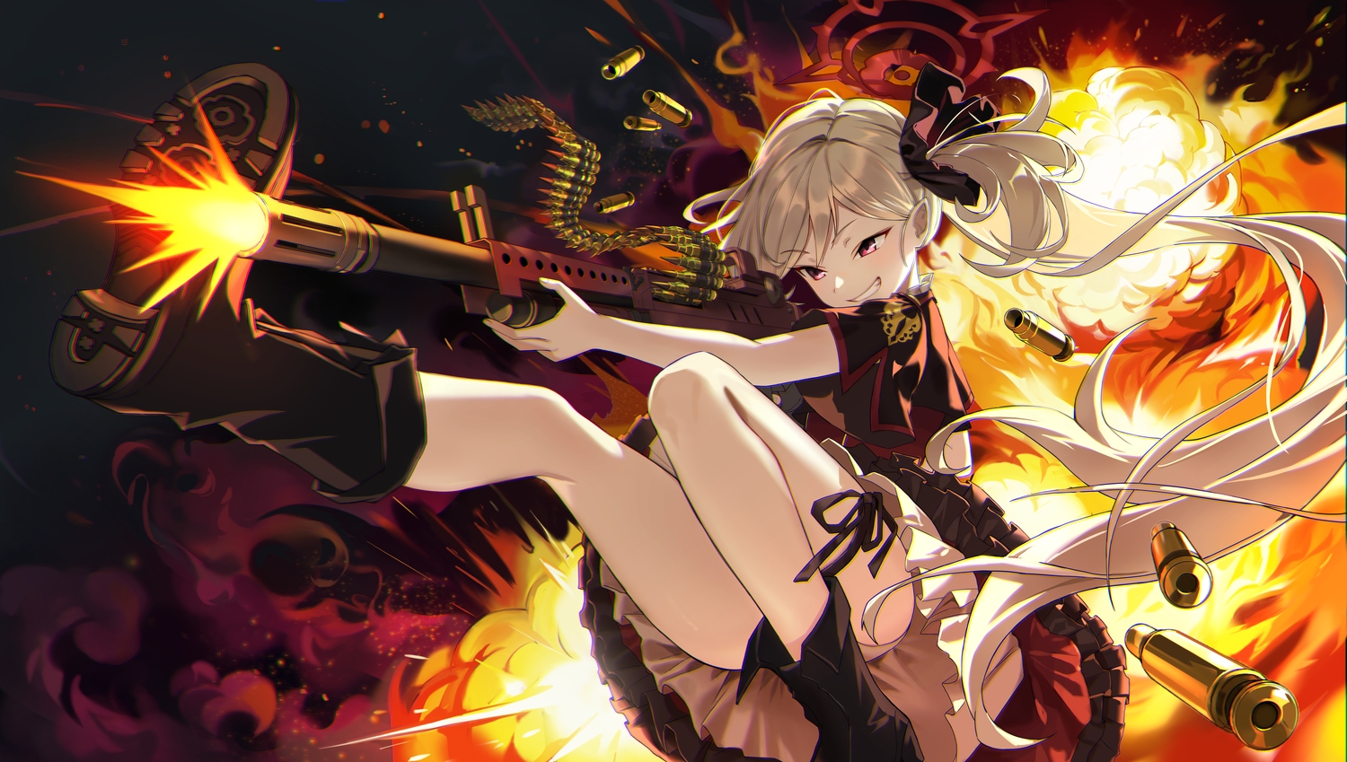 asagi_mutsuki, blue_archive, boots, fire, gray_hair, gun, halo, long_hair, pointed_ears, ponytail, purple_eyes, siole, skirt_lift, weapon