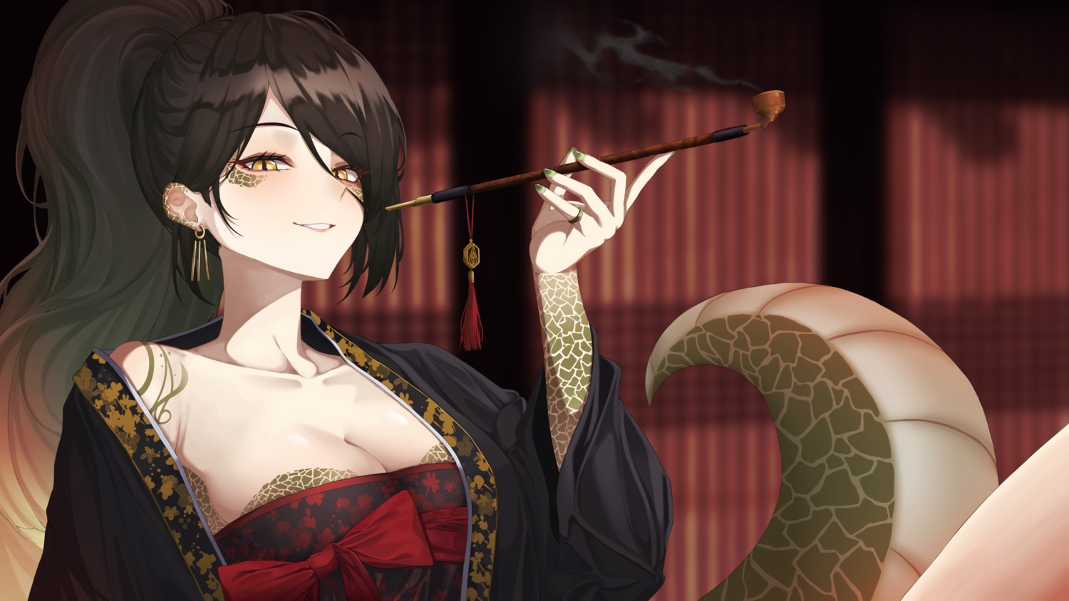 bow, breasts, brown_hair, cleavage, close, long_hair, no_bra, original