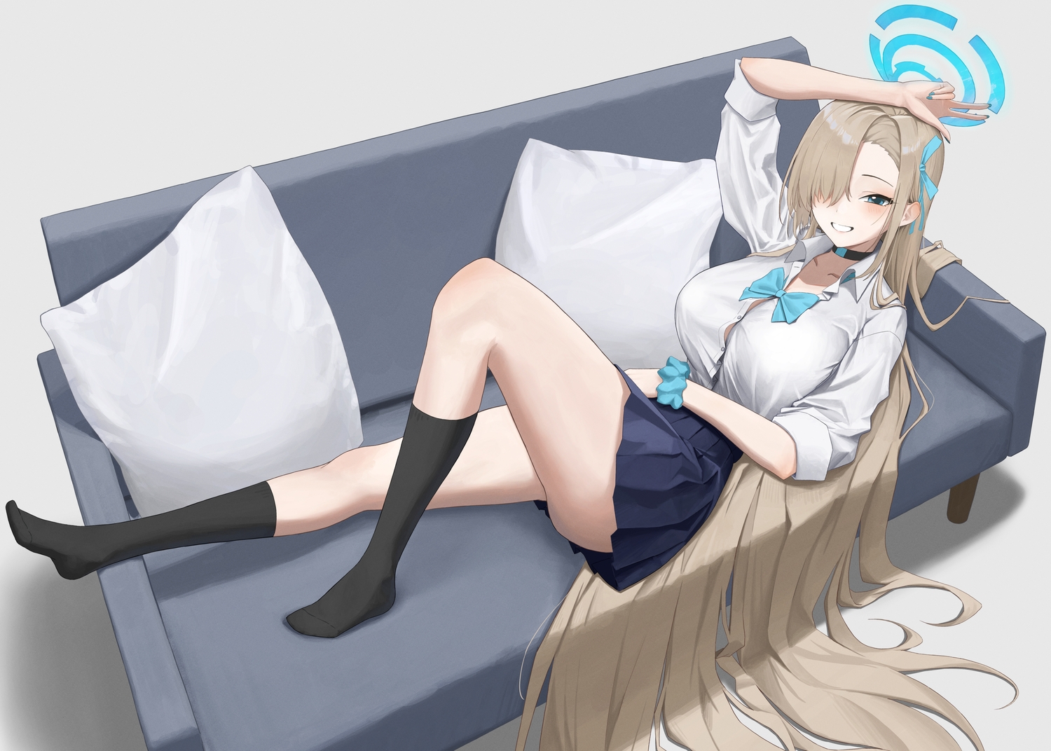 blue_archive, blue_eyes, blush, bow, brown_hair, choker, couch, halo, ichinose_asuna, jinsei_tsuraiman, kneehighs, long_hair, school_uniform, shirt, skirt, wristwear