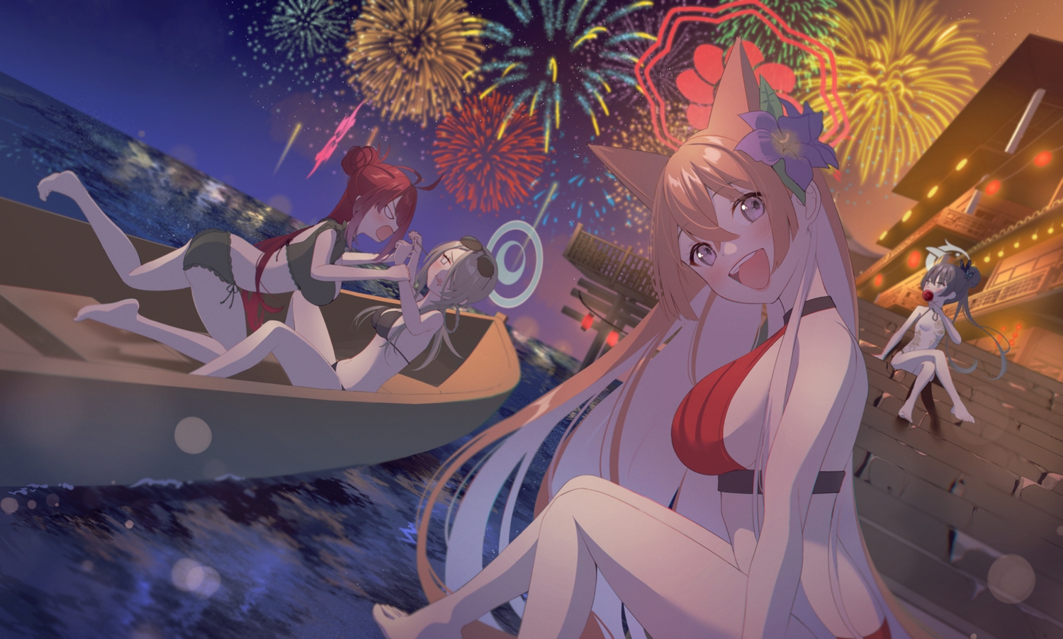 3d, akeshiro_rumi, bikini, black_hair, blue_archive, brown_hair, fireworks, gray_hair, group, halo, kayama_reijo, konoe_mina, kurape_(pat1na), long_hair, night, purple_eyes, red_hair, ryuuge_kisaki, sky, swimsuit, twintails, water