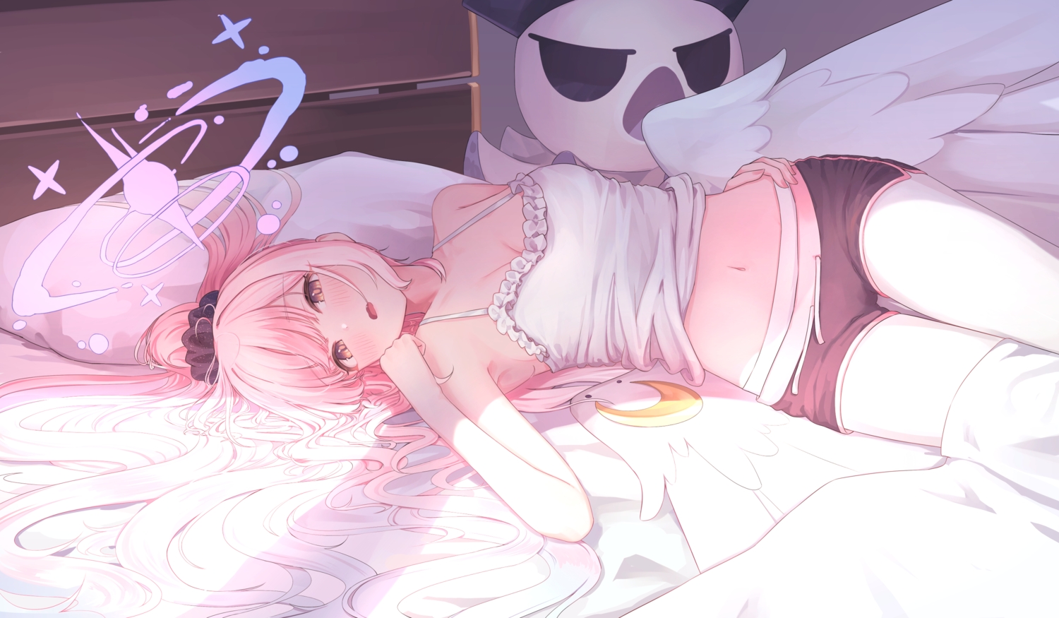 bed, blue_archive, blush, breasts, cleavage, daran9, fang, halo